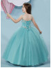 Beaded Aqua Embroidery Lace Tulle Flower Girl Dress With Cape